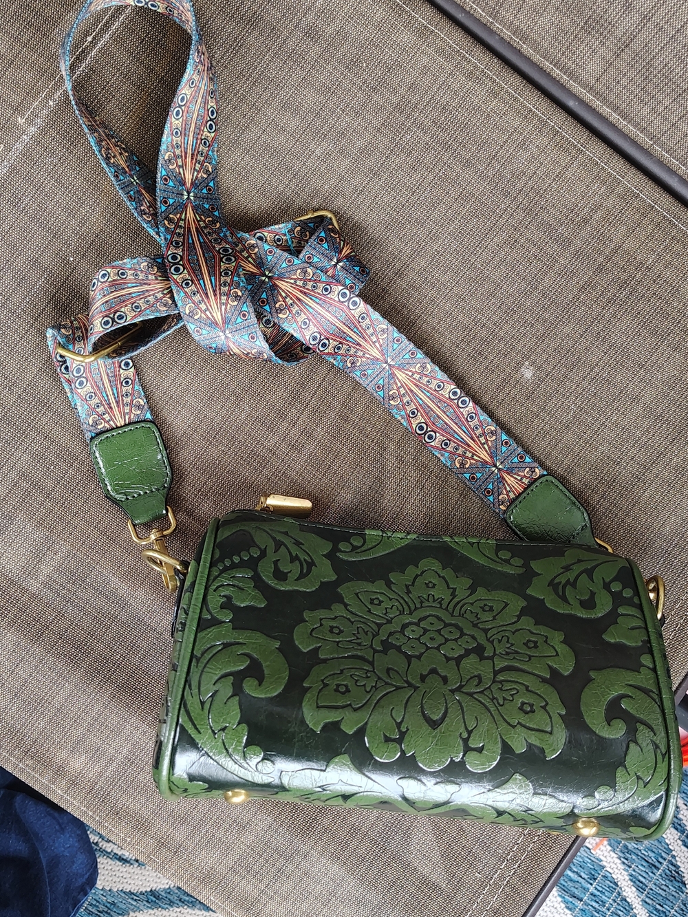Green Embossed Floral Crossbody Bag with Patterned Strap